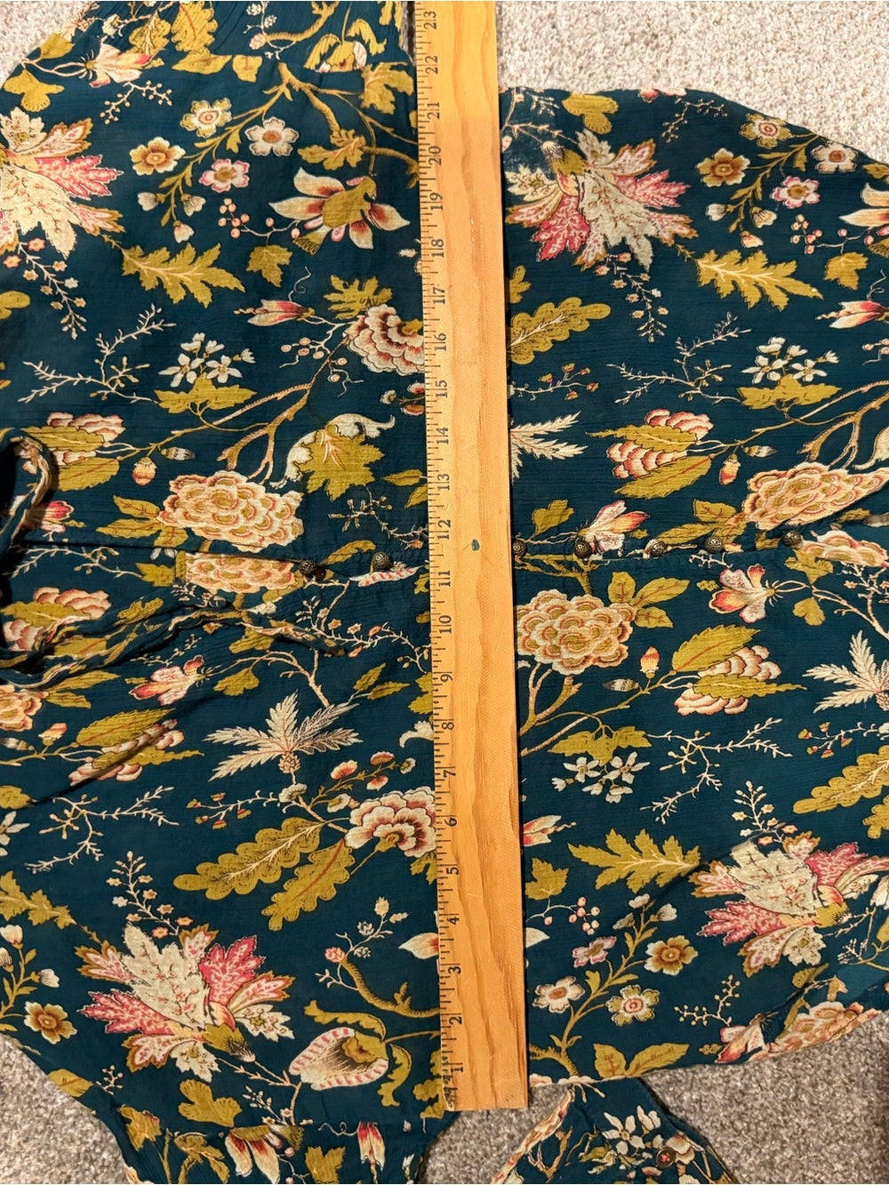 GT-0251 Pilcro Anthropologie Teal Floral Tie Neck Blouse 100% Cotton Boho