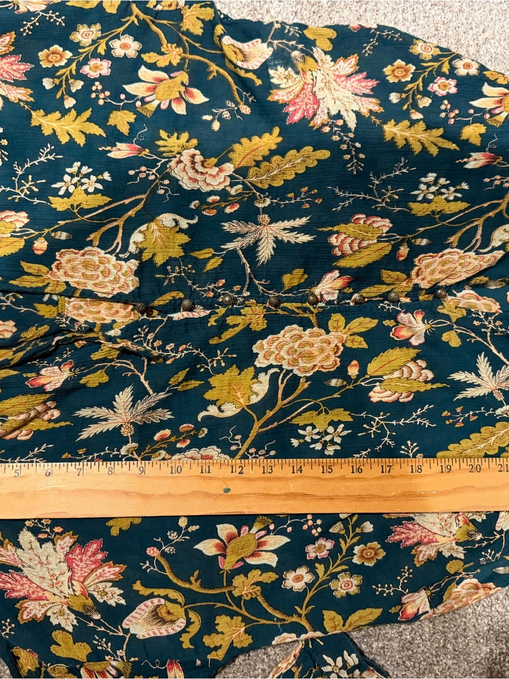 GT-0251 Pilcro Anthropologie Teal Floral Tie Neck Blouse 100% Cotton Boho
