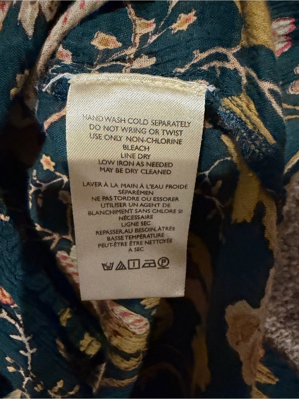 GT-0251 Pilcro Anthropologie Teal Floral Tie Neck Blouse 100% Cotton Boho
