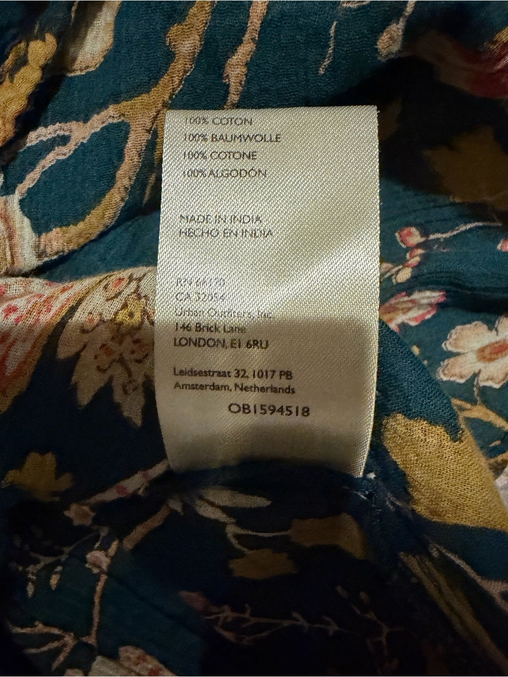 GT-0251 Pilcro Anthropologie Teal Floral Tie Neck Blouse 100% Cotton Boho