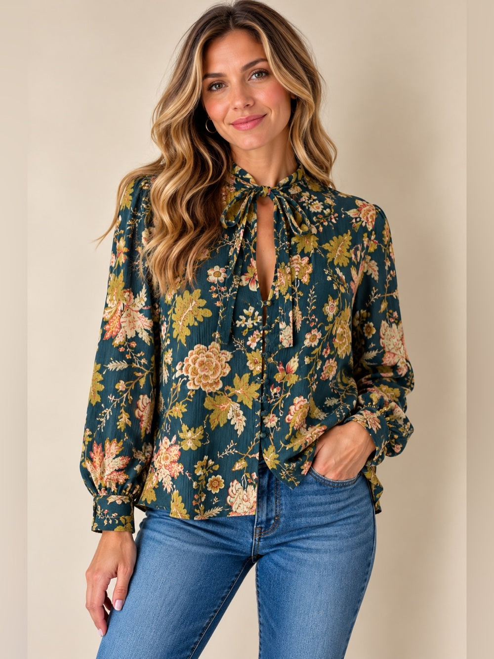 GT-0251 Pilcro Anthropologie Teal Floral Tie Neck Blouse 100% Cotton Boho