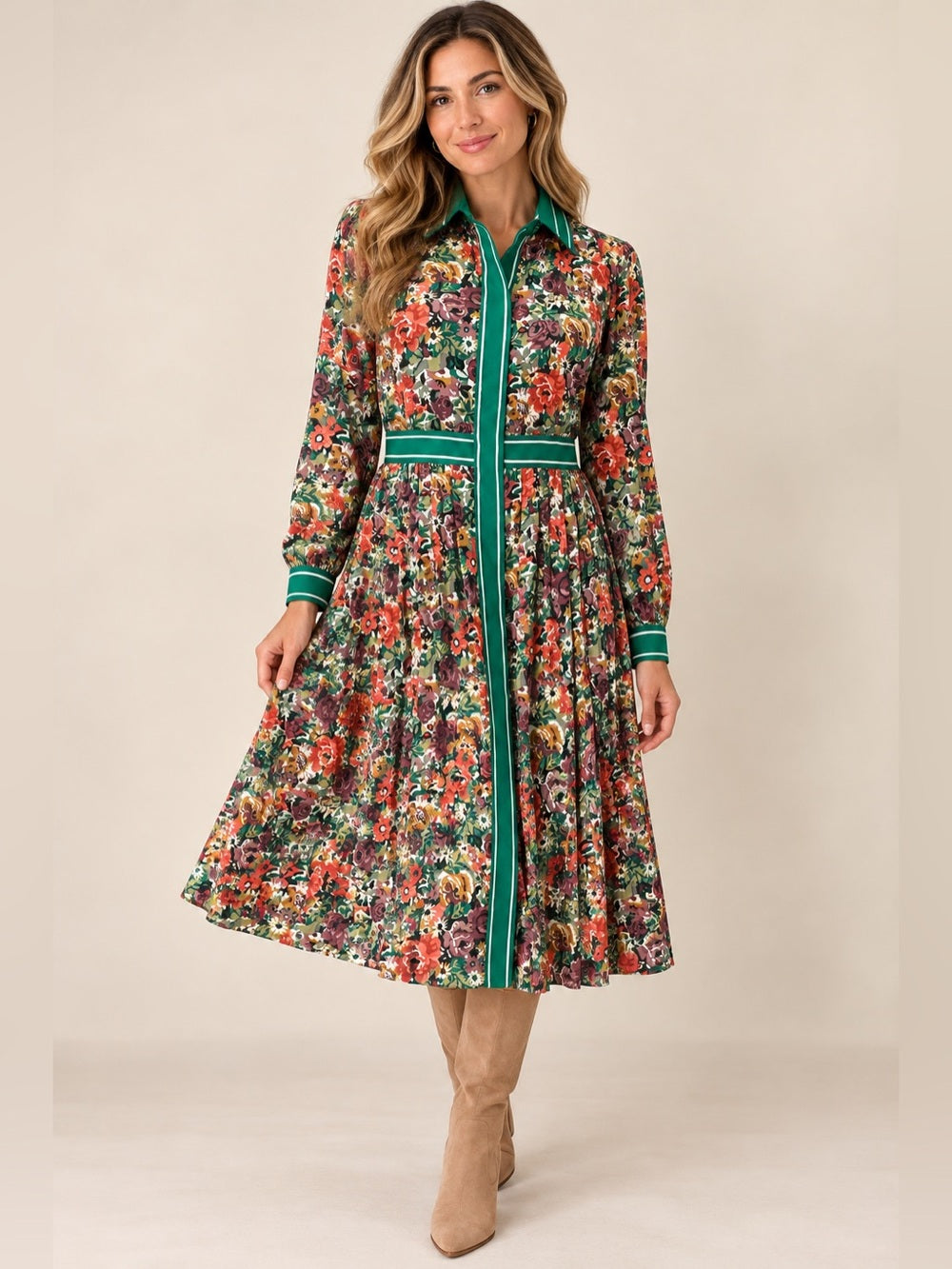 GT-0253 Brooks Brothers Red Fleece Floral Midi Shirt Dress Green Trim Size 8