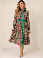 GT-0253 Brooks Brothers Red Fleece Floral Midi Shirt Dress Green Trim Size 8