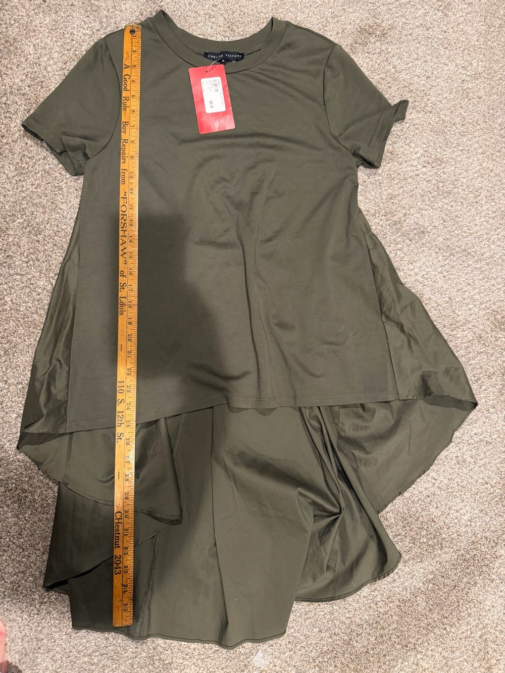 GT-0225 English Factory Olive Green High Low Mixed Media Tunic Top M NWT