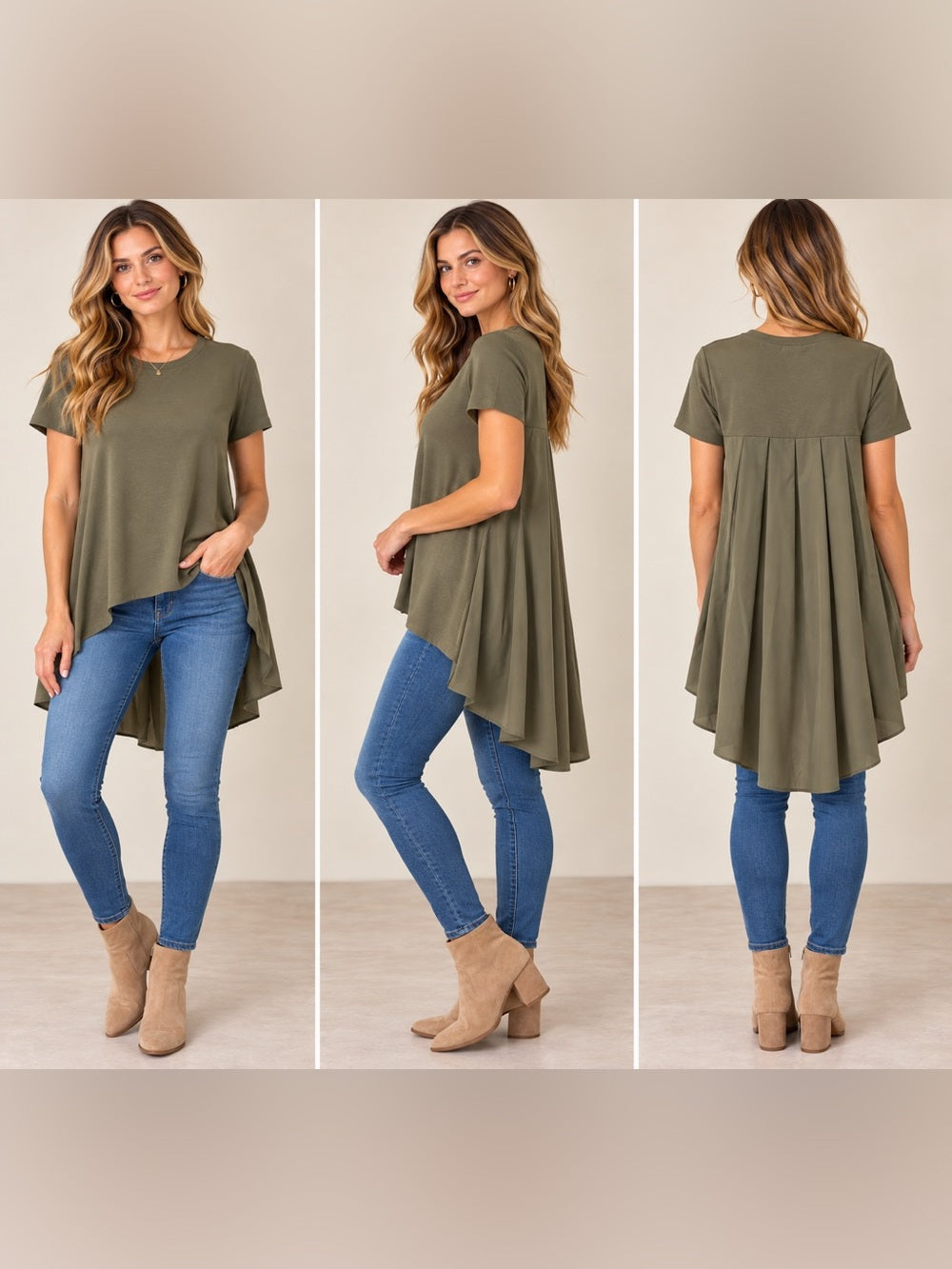 GT-0225 English Factory Olive Green High Low Mixed Media Tunic Top M NWT