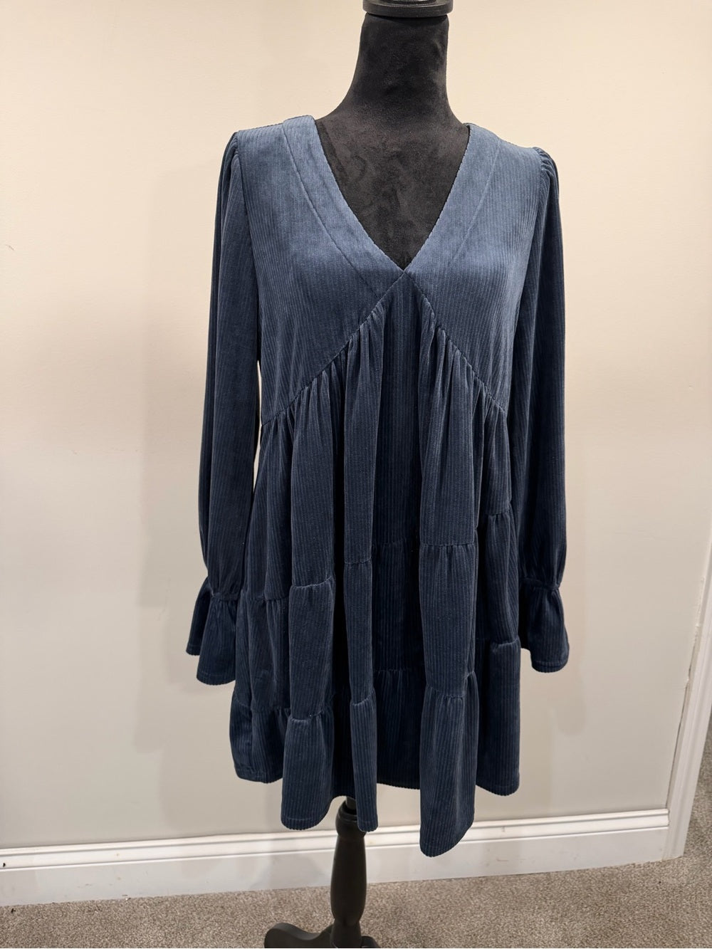 V-Neck Long Sleeve Tiered Corduroy Dress in Slate Blue