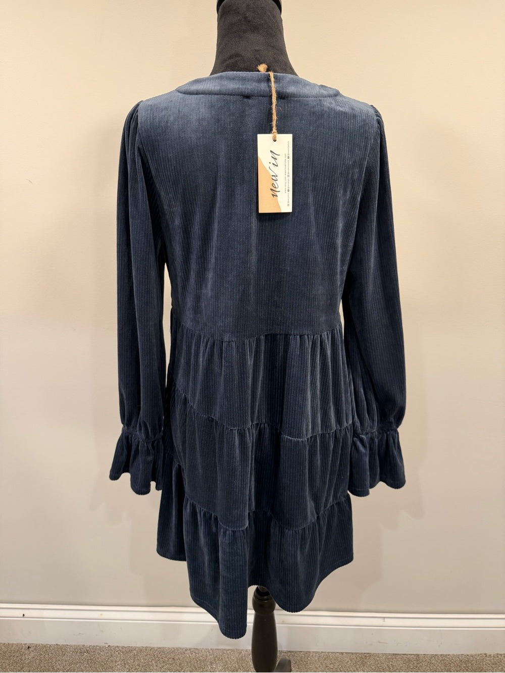 V-Neck Long Sleeve Tiered Corduroy Dress in Slate Blue