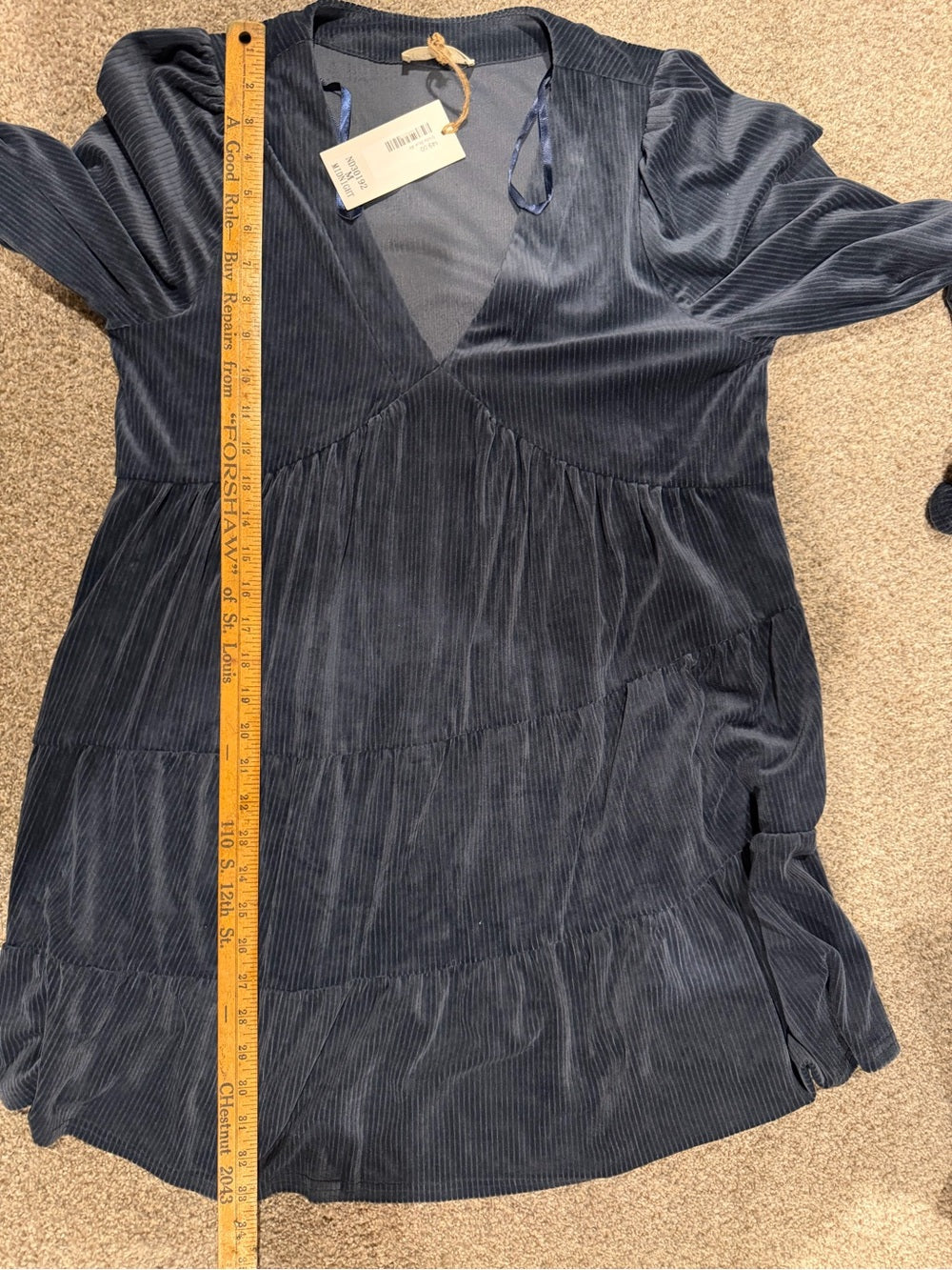 V-Neck Long Sleeve Tiered Corduroy Dress in Slate Blue