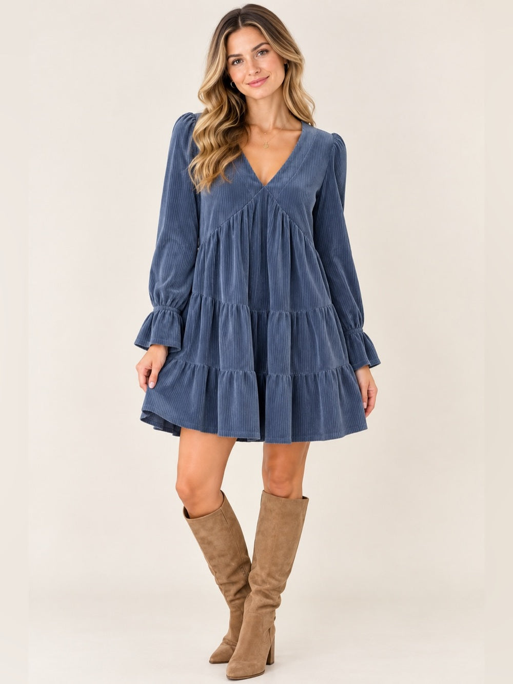 V-Neck Long Sleeve Tiered Corduroy Dress in Slate Blue