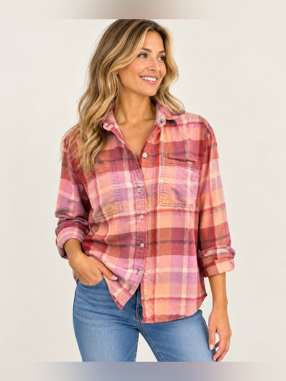 Pink Orange Purple Plaid Button Down Flannel Shirt Shacket GT-0213