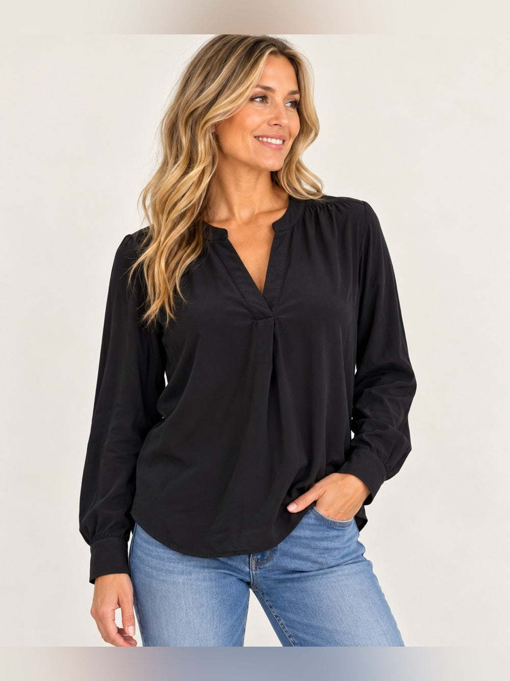 Madewell Black Split Neck Long Sleeve Blouse M Gathered Back GT-0214