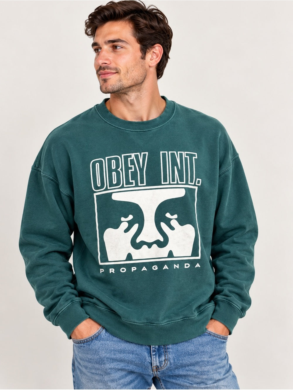OBEY Propaganda Icon Face Graphic Teal Green Crewneck Sweatshirt GT-0219