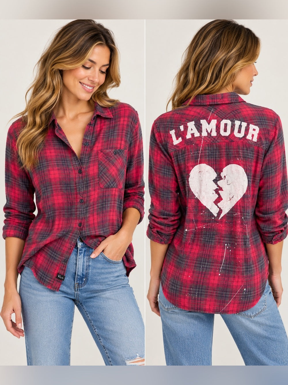 Rails L’Amour Broken Heart Red Plaid Flannel Shirt XS GT-0221
