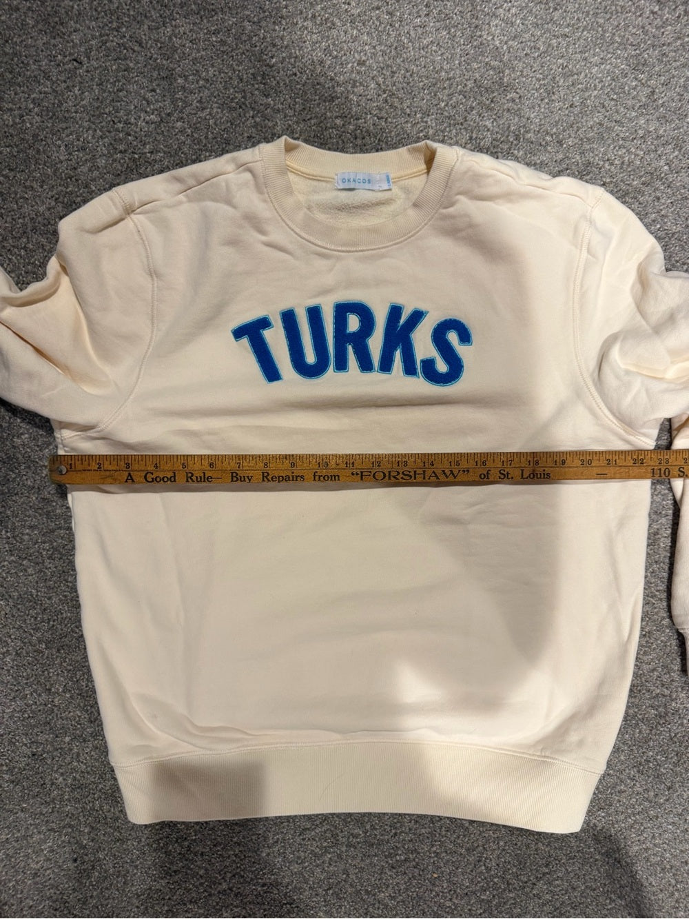 OKAICOS Turks Cream Blue Chenille Letter Crewneck Sweatshirt L GT-0222