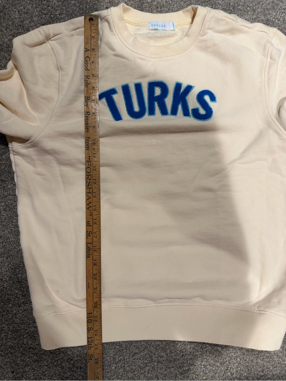 OKAICOS Turks Cream Blue Chenille Letter Crewneck Sweatshirt L GT-0222