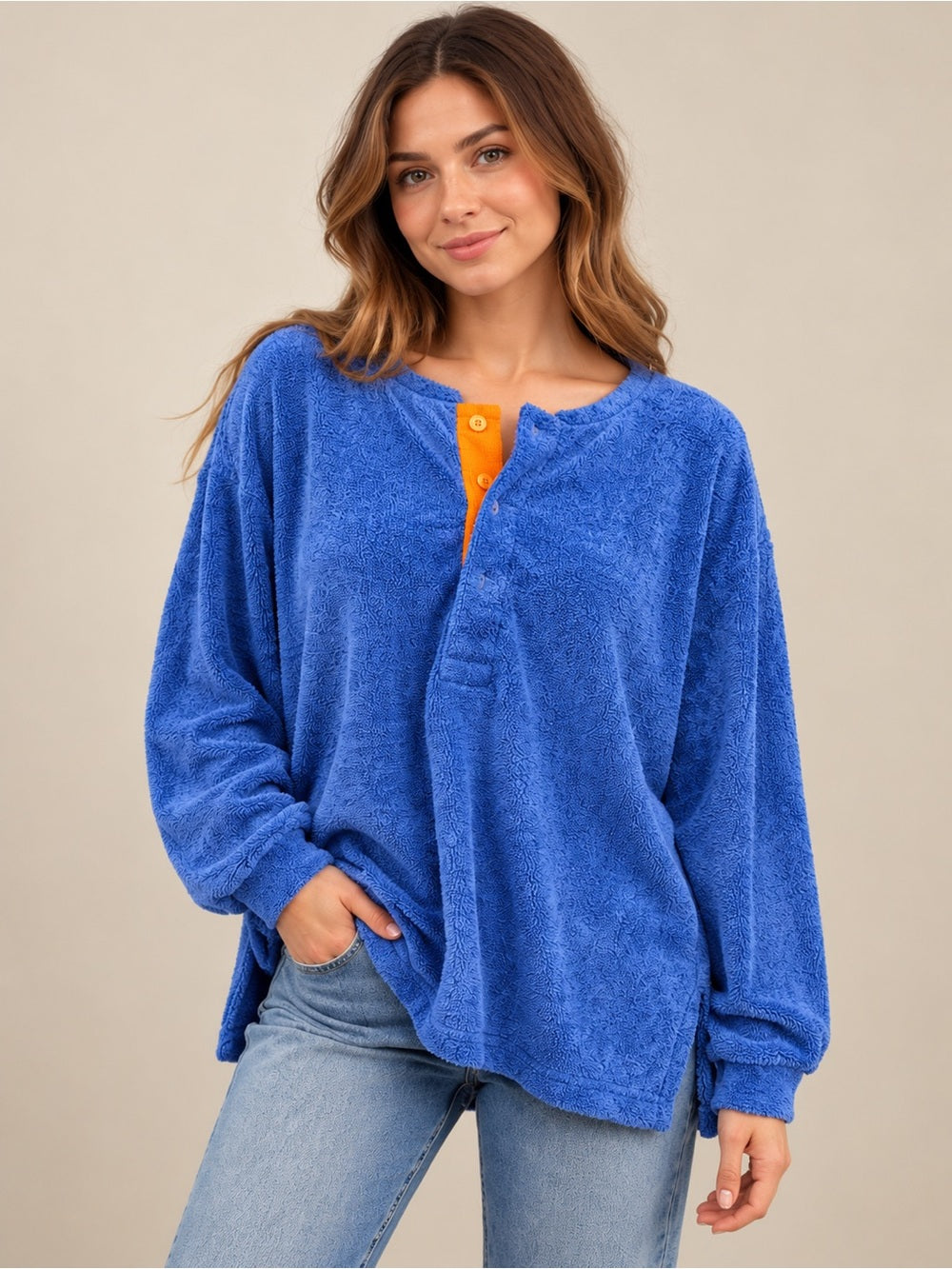 Out From Under Blue Terry Cloth Oversized Henley Pullover GT-0223