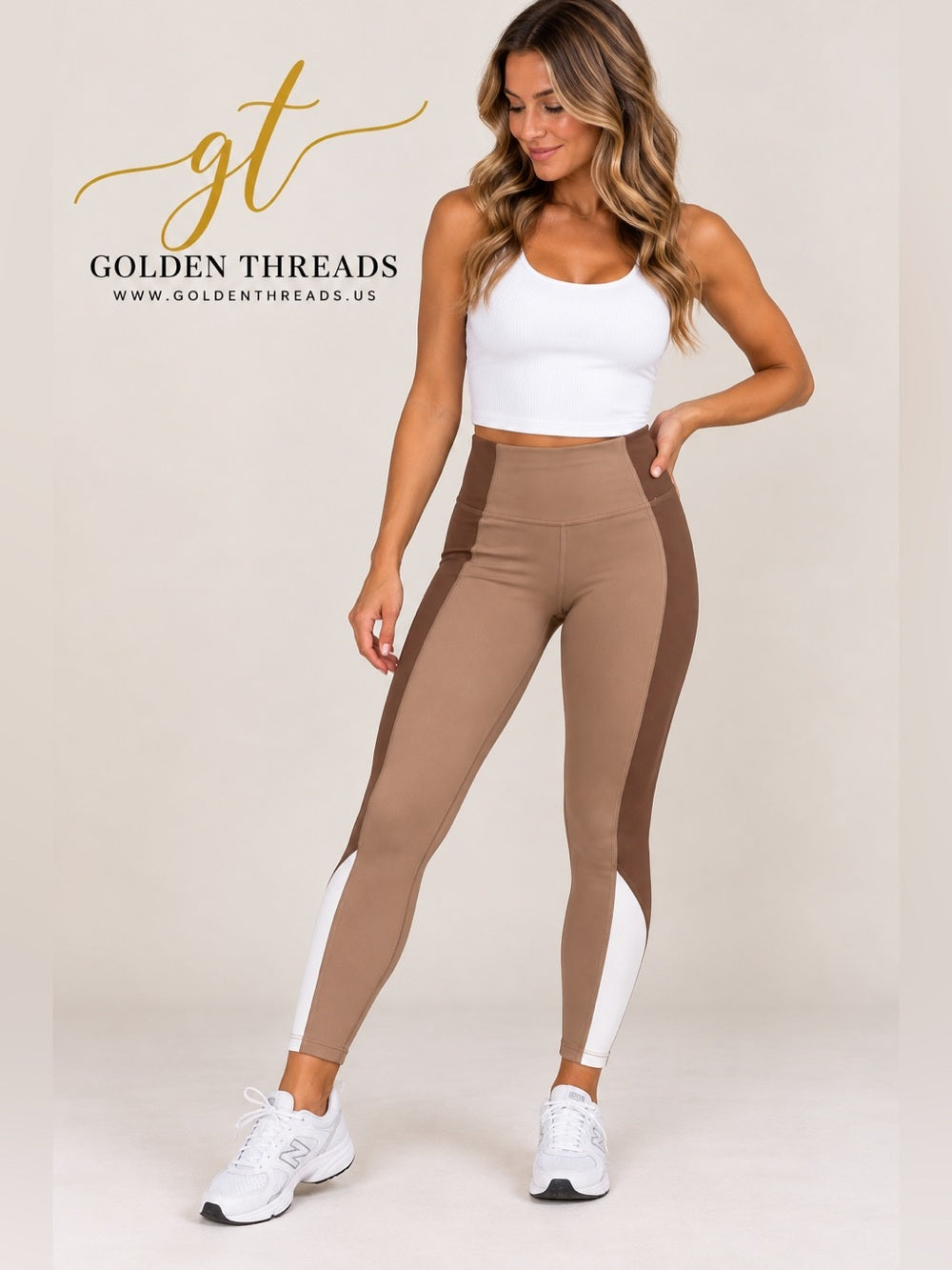 YPB Abercrombie Curve Love Colorblock Leggings Brown White S GT-0262