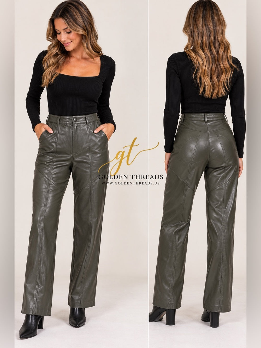 Wilfred Faux Leather Straight Leg Pants Charcoal green Gray Size 8 GT-0263