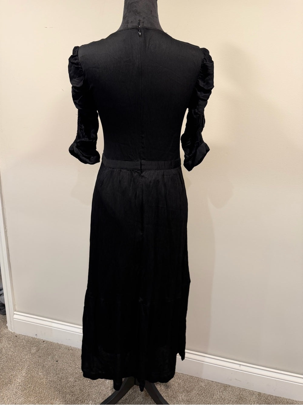 ba&sh Black Ruched Puff Sleeve Midi Dress V Neck Size S GT-0264