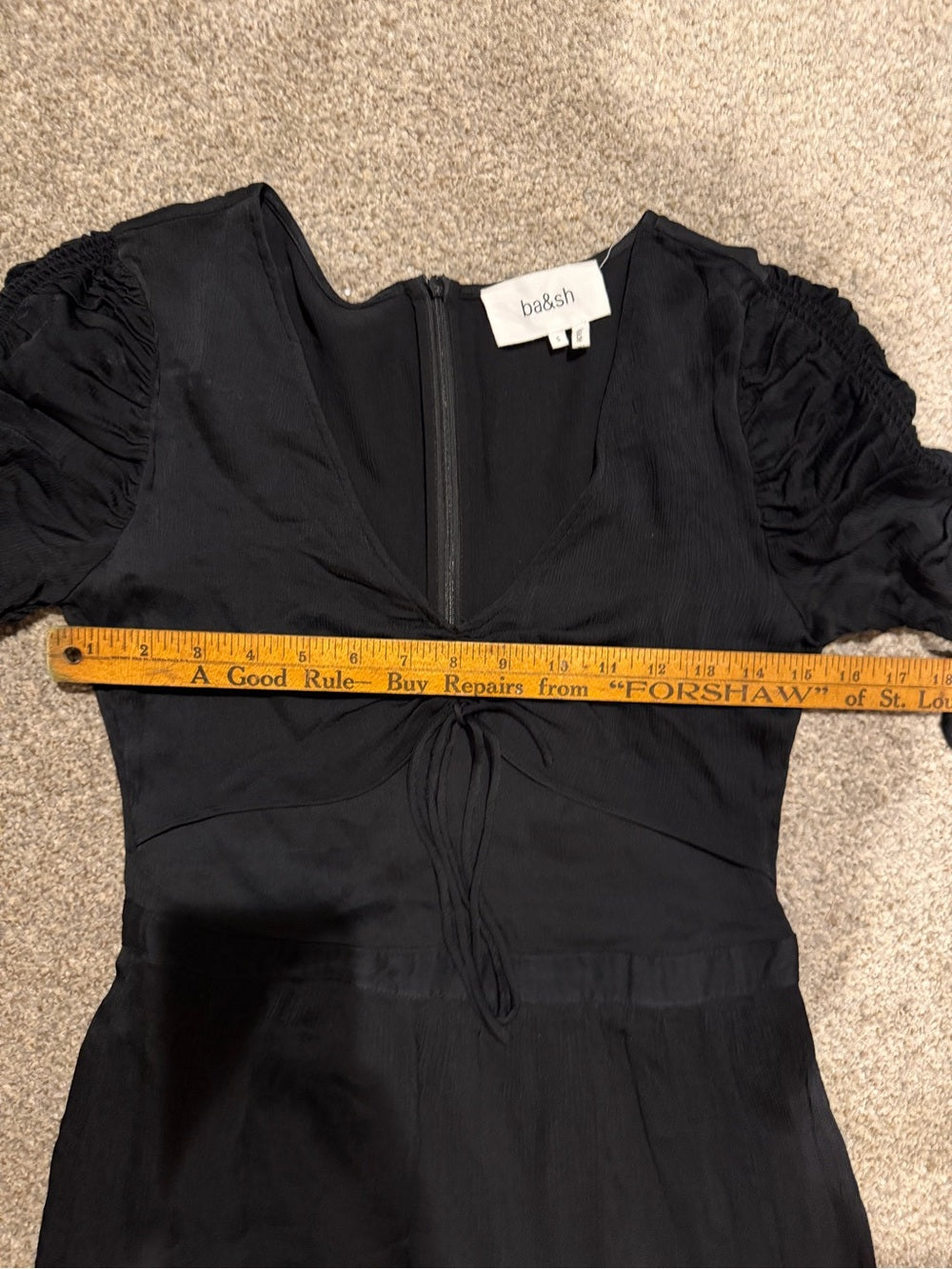 ba&sh Black Ruched Puff Sleeve Midi Dress V Neck Size S GT-0264