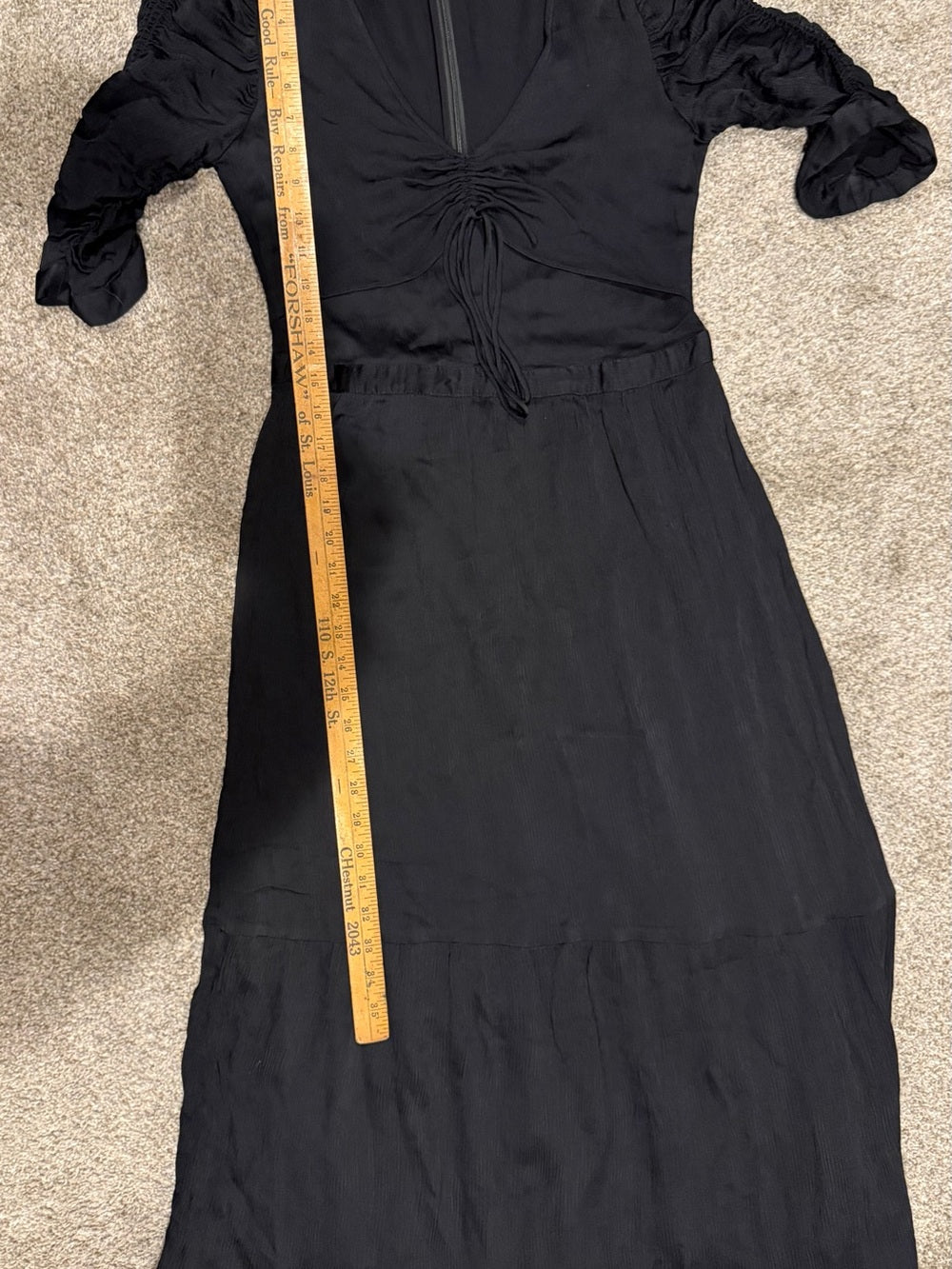 ba&sh Black Ruched Puff Sleeve Midi Dress V Neck Size S GT-0264
