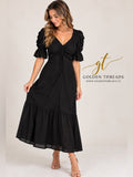 ba&sh Black Ruched Puff Sleeve Midi Dress V Neck Size S GT-0264