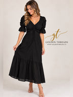 ba&sh Black Ruched Puff Sleeve Midi Dress V Neck Size S GT-0264