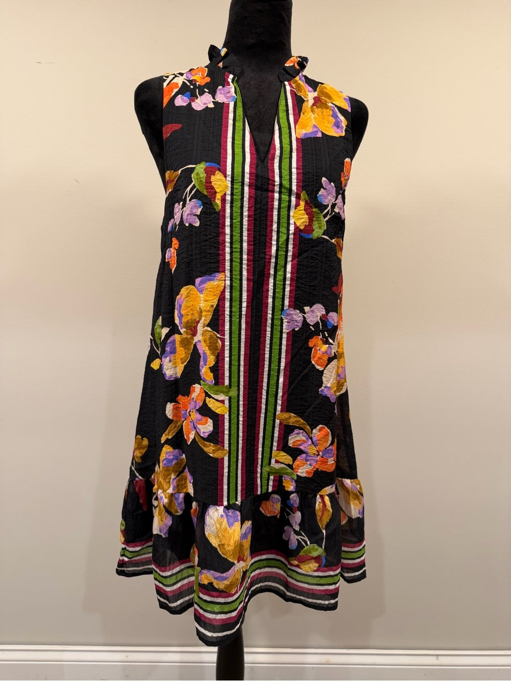 THML Black Multicolor Floral Striped Sleeveless Shift Dress XS GT-0266