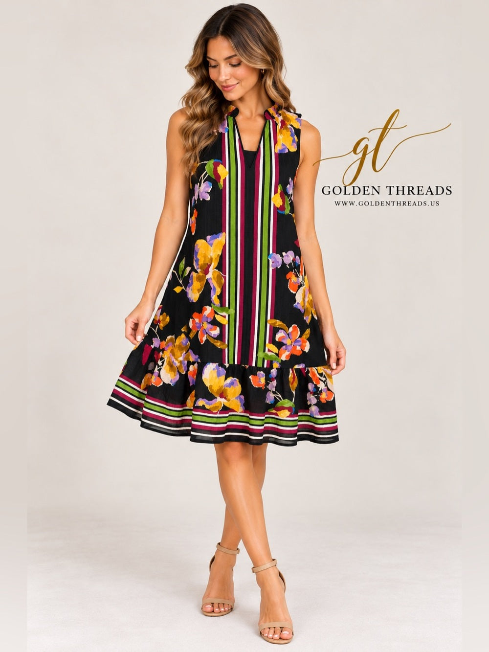 THML Black Multicolor Floral Striped Sleeveless Shift Dress XS GT-0266