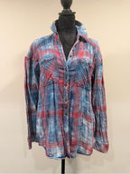 Free People Plaid Button Down Shirt Blue Red Distressed Boho S GT-0267