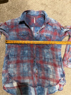 Free People Plaid Button Down Shirt Blue Red Distressed Boho S GT-0267
