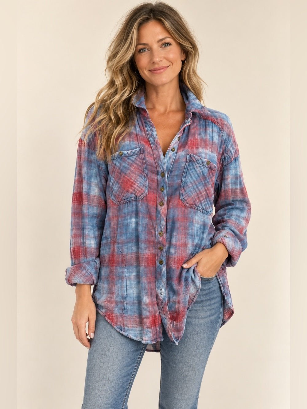 Free People Plaid Button Down Shirt Blue Red Distressed Boho S GT-0267