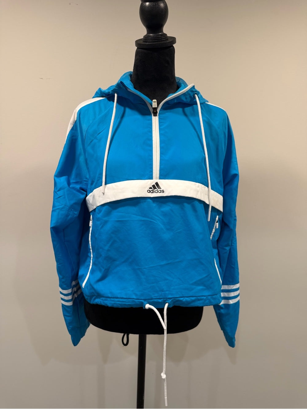 Adidas Blue White Hooded Half Zip Windbreaker Anorak Jacket Women’s S GT-0273