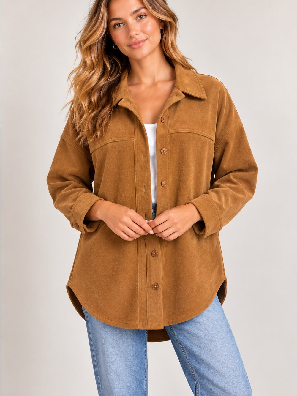 Mustard Seed Camel Faux Suede Button Front Shacket Shirt Jacket S GT-0274