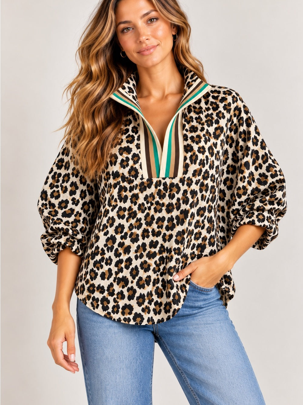 Entro Leopard Print Dolman Sleeve Striped V Neck Top Small GT-0275