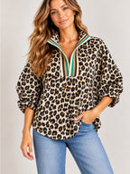 Entro Leopard Print Dolman Sleeve Striped V Neck Top Small GT-0275