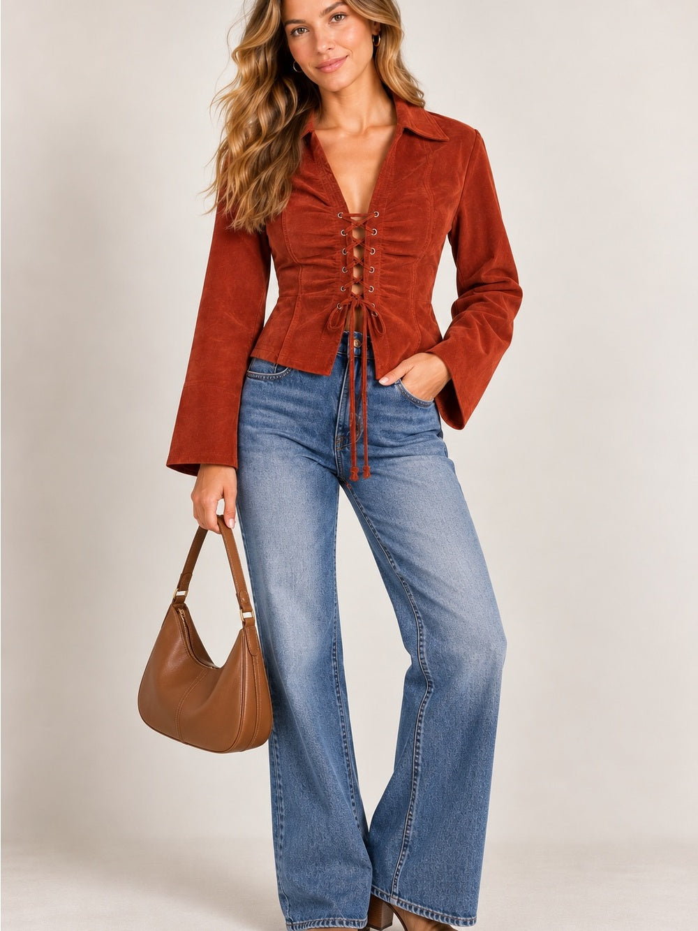 Charlotte Russe Rust Suede Leather Lace Up Jacket Bell Sleeve S GT-0278