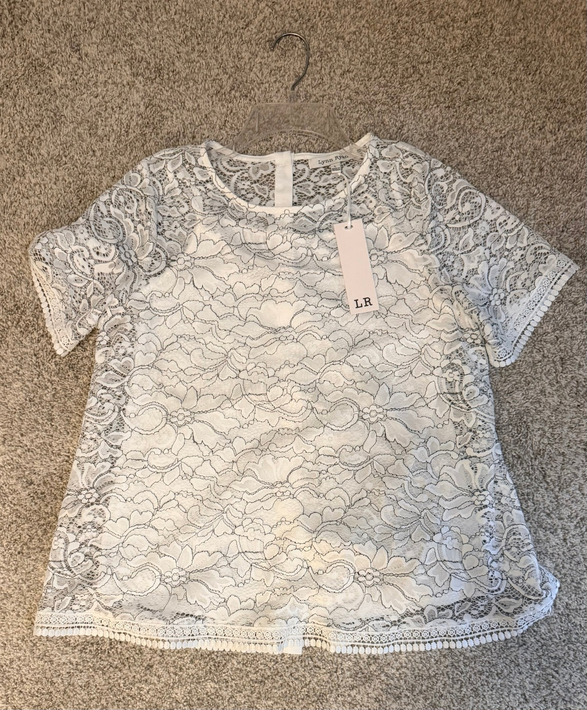 Lynn Ryan white floral lace short sleeve blouse front, new with tags