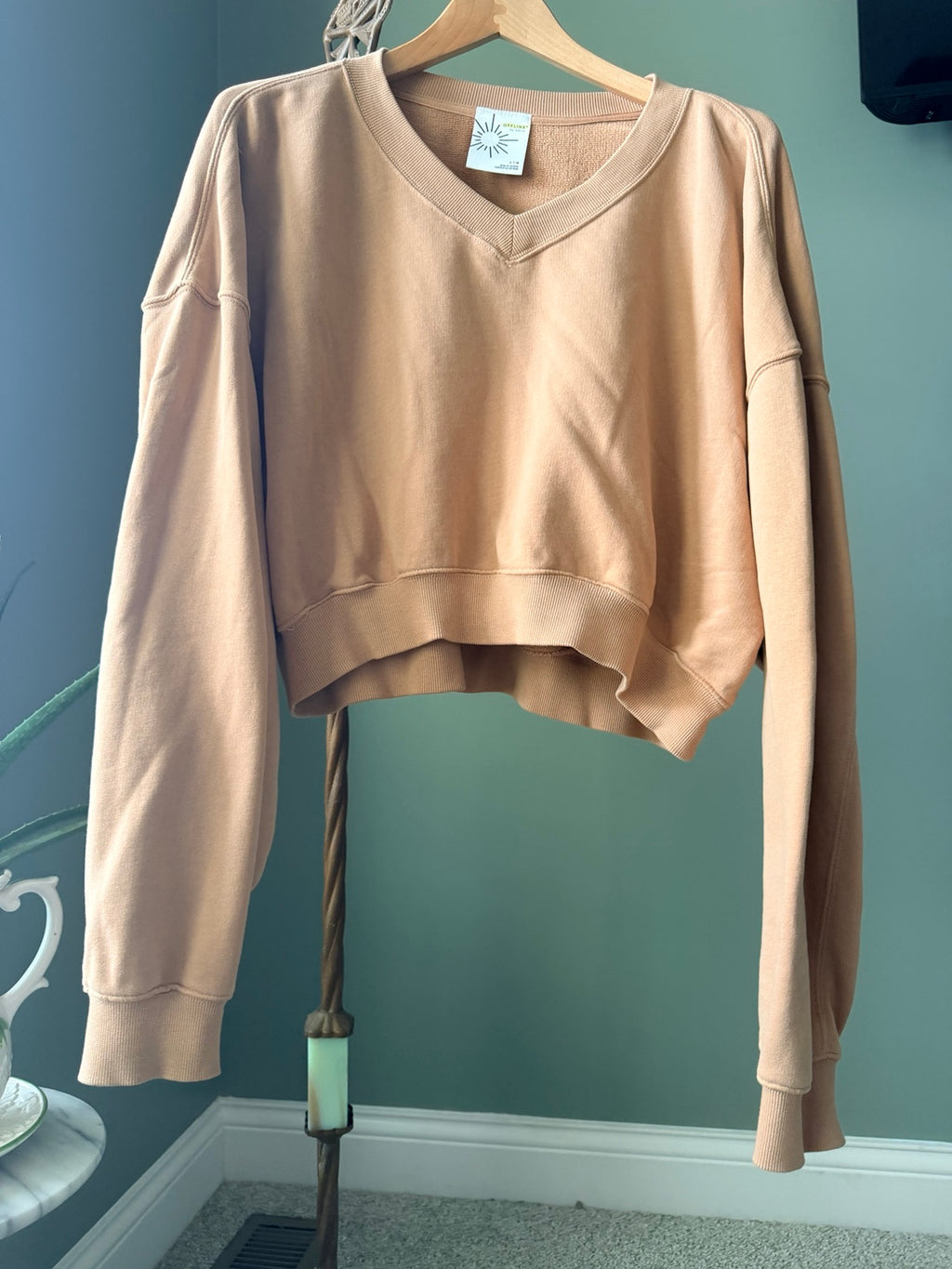 OFFLINE by Aerie tan cropped V-neck sweatshirt size L front
