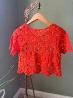 Rebellion red orange crochet granny square crop top back