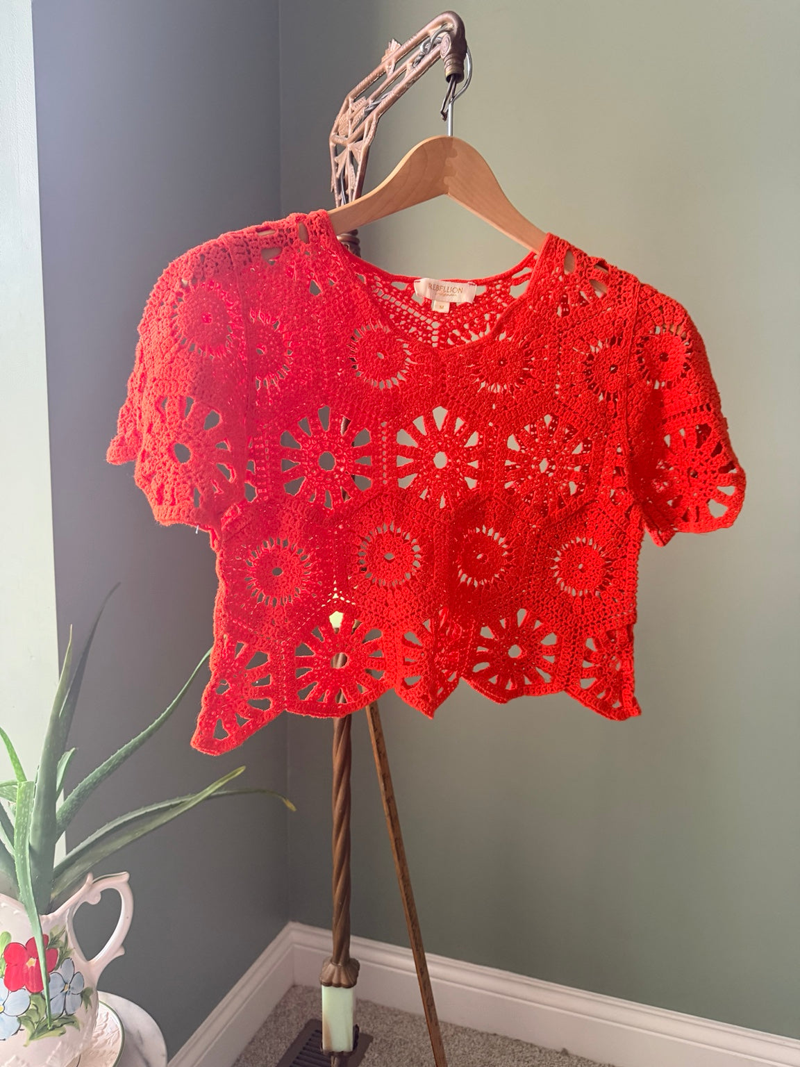 Rebellion red orange crochet granny square crop top front