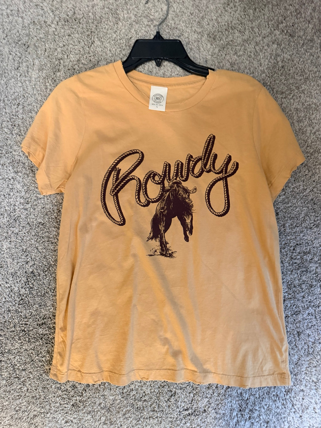 Golden yellow Rowdy graphic short sleeve women's tee front