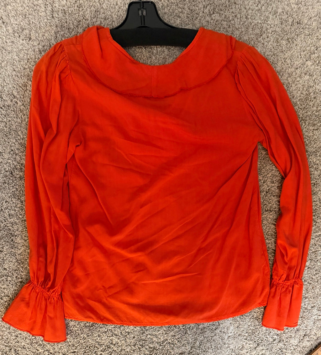 Self Contrast orange ruffle V-neck long sleeve blouse size small back