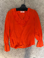 Self Contrast orange ruffle V-neck long sleeve blouse size small front