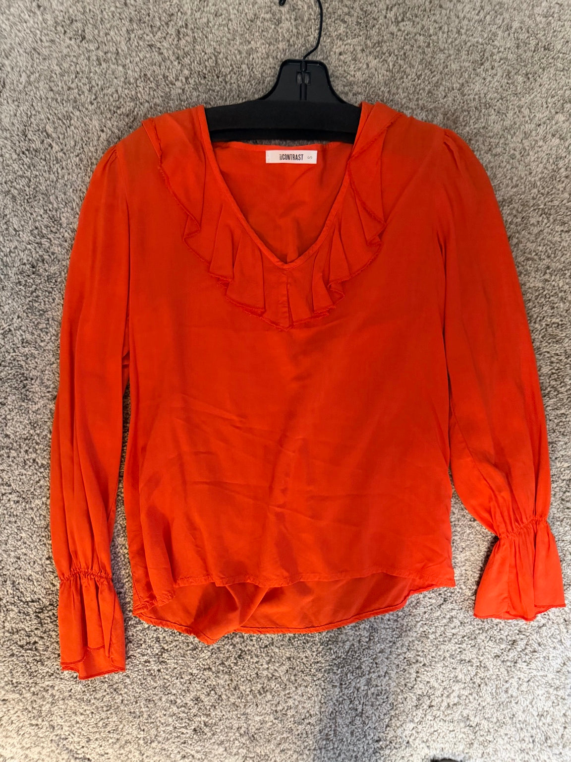 Self Contrast orange ruffle V-neck long sleeve blouse size small front