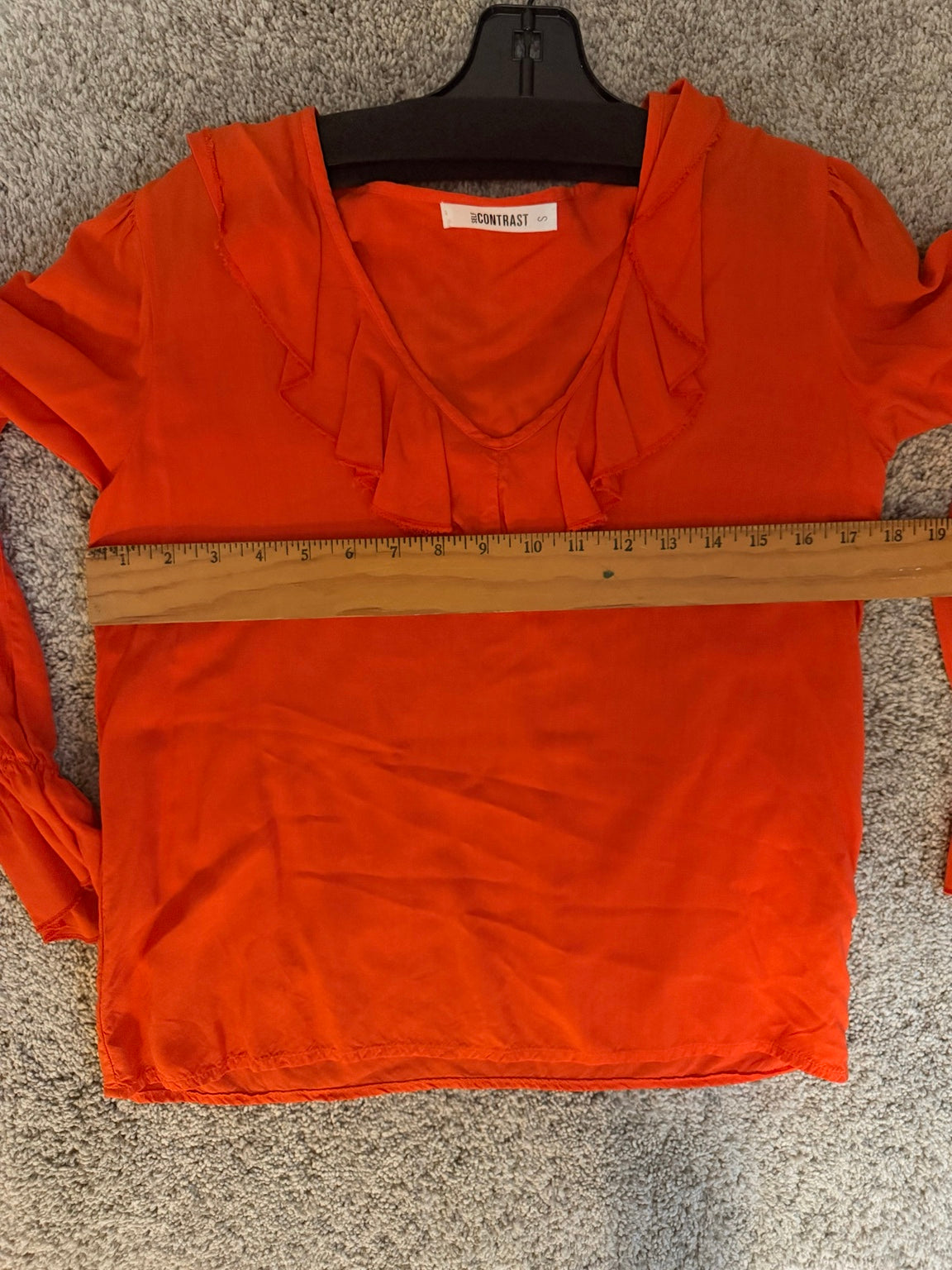 Self Contrast orange ruffle blouse size small flat bust measurement