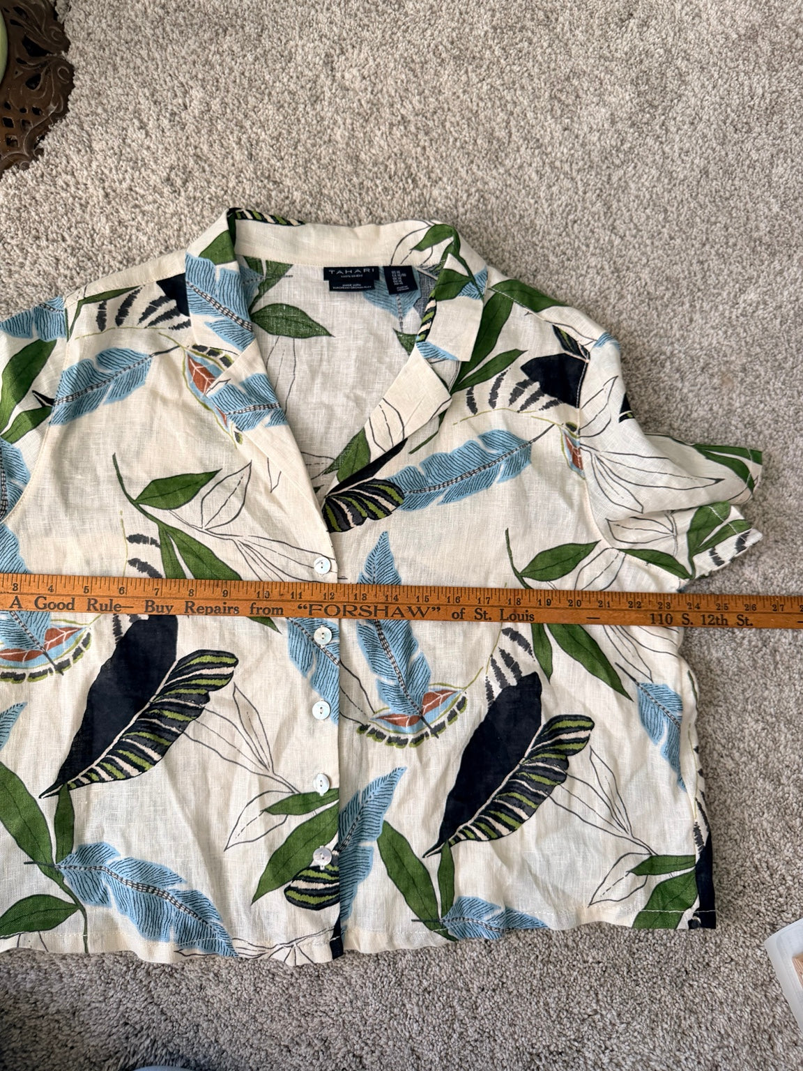 Tahari 100 percent linen tropical botanical button front shirt XL