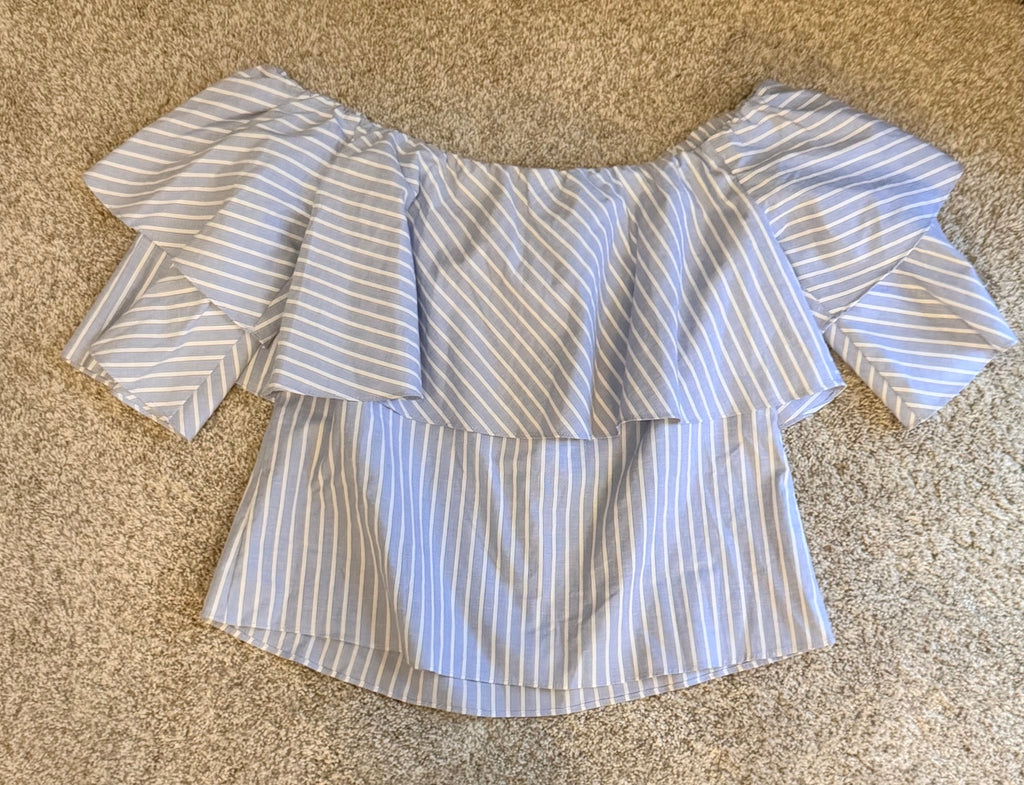 WAYF light blue and white striped off-shoulder tunic back
