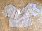 WAYF light blue and white striped off-shoulder tunic front