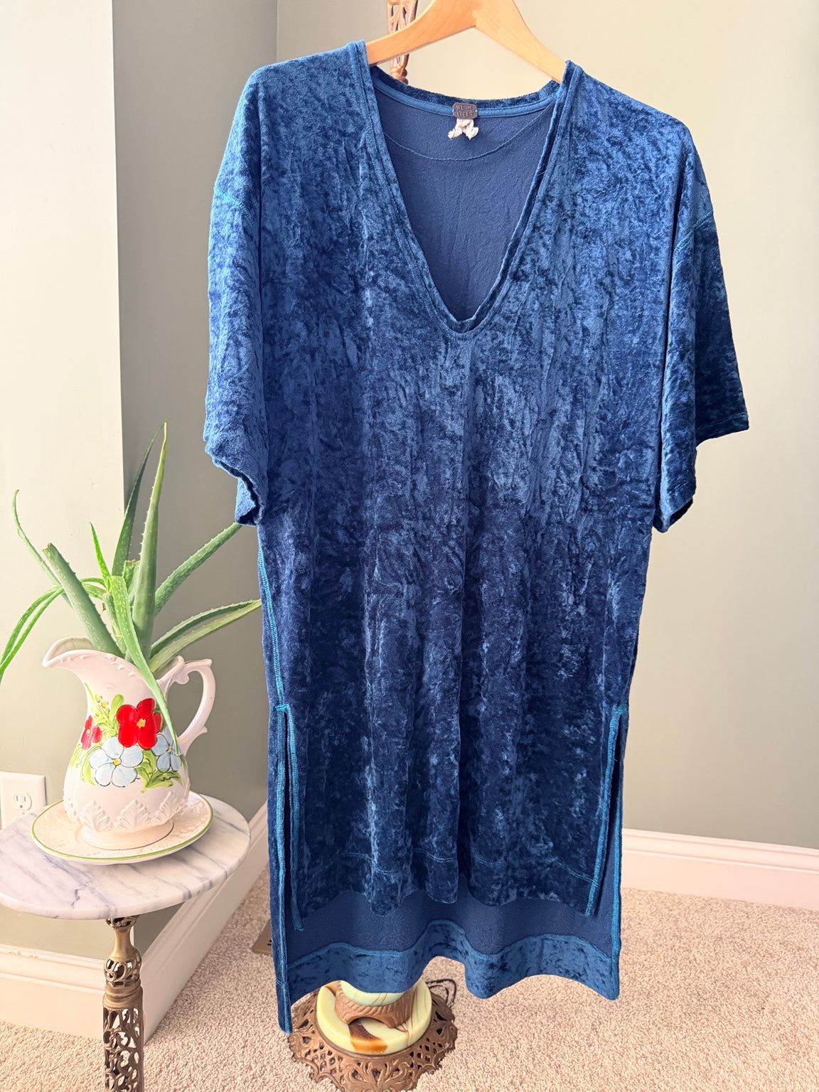 We The Free blue crushed velvet midi T-shirt dress
